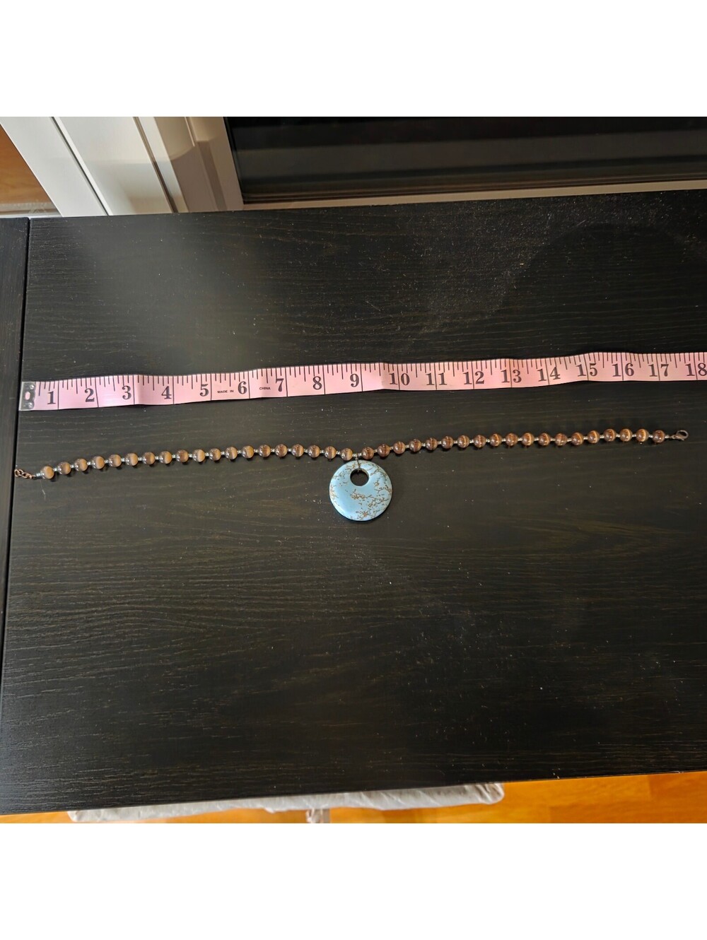 Turquoise Blue Circle Donut Pendant Necklace w/ Brown Beaded Chain Boho Western - Picture 4 of 4